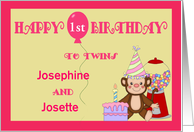 Custom Name & Age Twins Birthday for Girls- Monkey, Cake, Balloon card
