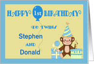 Custom Name & Age Twins Birthday for Boys - Monkey, Cake, Balloon card
