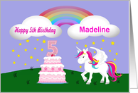 Custom Unicorn & Rainbow 5th Birthday -Unicorn, Rainbow, Cake, Stars card