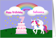 Custom Unicorn & Rainbow 7th Birthday -Unicorn, Rainbow, Cake, Stars card