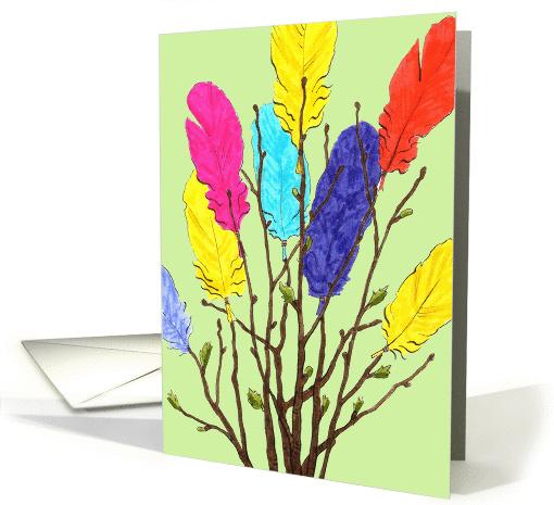 Twigs with dyed feathers, Easter ornament card (1086650)