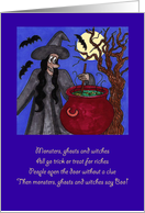 Hand drawn whimsical witch Halloween scene with rhyme poetry card