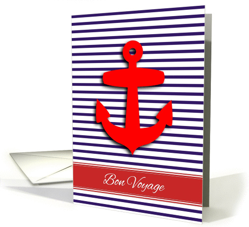 Bon Voyage card - nautical red anchor on blue and white... (1094404)