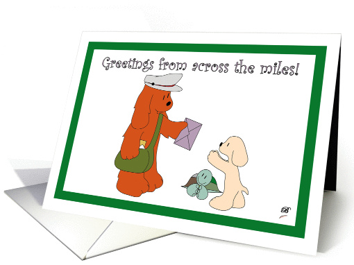 A poodle and a tortoise receiving a letter from a canine postman card