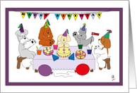 Birthday invitation Five dogs celebrating a birthday around a cake card