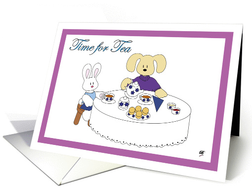 A dog and a rabbit having tea with scones card (1150112)