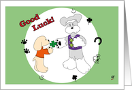 A poodle giving a four-leaf clover to a schnauzer wishing good luck card