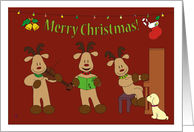 Three reindeers performing a Christmas carol card
