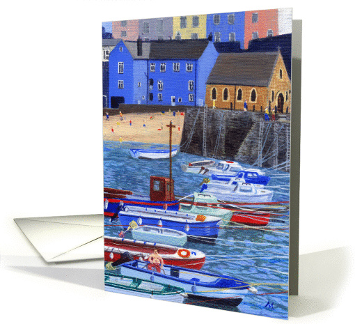 Tenby Harbour Boats Painting Pembrokeshire, UK Blank Note card