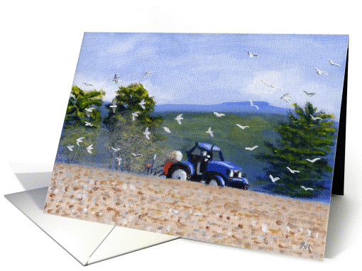 Farm Tractor Seed Drilling Painting Cambrian Mountains Blank Note card