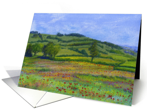 Happy Birthday Poppy Field card - Welsh Pasture Painting card