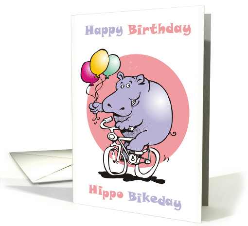 Hippy Bikeday Hippopotamus with Birthday Balloons on a Bike card