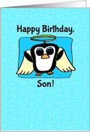 Birthday for Son - Little Angel Penguin on Blue with Hearts card