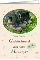 Hiking shoes and daisies in ecru - Wedding Congrats in Dutch card
