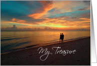 Two men walking on a beach with My Treasure words on front of card