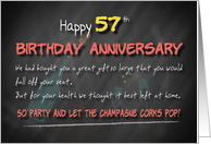 Champagne corks pop 57th Birthday Anniversary card
