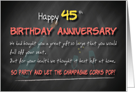 Champagne corks pop 45th Birthday Anniversary card