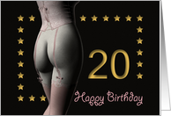 20th Birthday Sexy Girl with Golden Stars Pink Corset and Stockings card