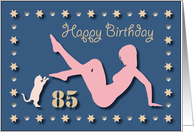 85th Sexy Girl Cat Silhouette Blue Golden Hearts Stars Birthday card