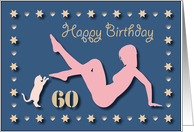 60th Sexy Girl Cat Silhouette Blue Golden Hearts Stars Birthday card