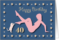 40th Sexy Girl Cat Silhouette Blue Golden Hearts Stars Birthday card