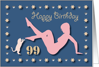 99th Sexy Girl Cat Silhouette Blue Golden Hearts Stars Birthday card