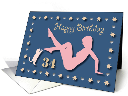 34th Sexy Girl Cat Silhouette Blue Golden Hearts Stars Birthday card