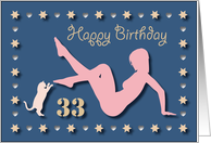 33rd Sexy Girl Cat Silhouette Blue Golden Hearts Stars Birthday card