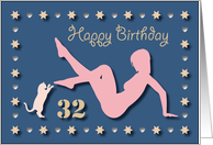 32nd Sexy Girl Cat Silhouette Blue Golden Hearts Stars Birthday card