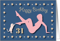 31st Sexy Girl Cat Silhouette Blue Golden Hearts Stars Birthday card