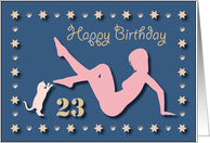 23rd Sexy Girl Cat Silhouette Blue Golden Hearts Stars Birthday card
