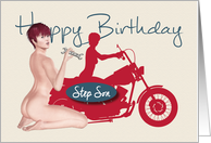 Naughty Pin Up with Motorcycle Birthday for Step Son card