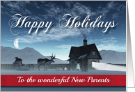 For New Parents Christmas Scene with Reindeer Sledge and Cottage card