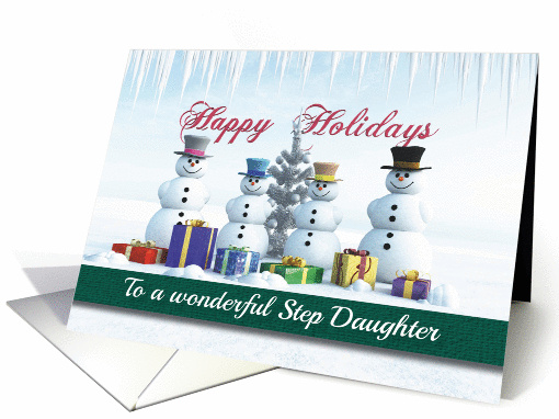 Happy Holidays Presents Snowmen and Tree for Step Daughter card