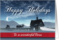 For Boss Christmas Scene with Reindeer Sledge and Cottage card