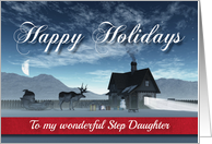 For Step Daughter Christmas Scene with Reindeer Sledge and Cottage card