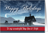 For Step Son & Wife Christmas Scene Reindeer Sledge and Cottage card