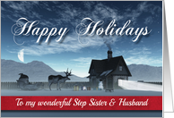 Step Sister & Husband Christmas Scene Reindeer Sledge and Cottage card
