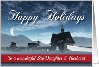 Step Daughter & Husband Christmas Scene Reindeer Sledge and Cottage card