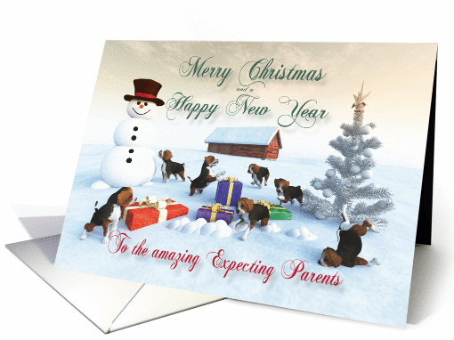 Beagle Puppies Christmas New Year Snowscene for Expecting Parents card