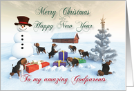 Beagle Puppies Christmas New Year Snowscene for Godparents card