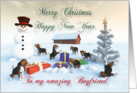 Beagle Puppies Christmas New Year Snowscene for Boyfriend card