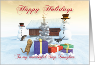 Cats Gifts Christmas tree and Snowman scene for Step Daughter card