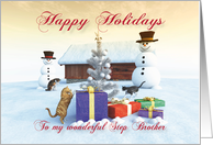 Cats Gifts Christmas tree and Snowman scene for Step Brother card