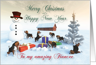 Beagle Puppies Christmas New Year Snowscene for Fiancee card