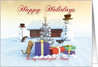 Cats Gifts Christmas tree and Snowman scene Mum card