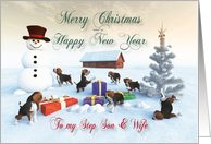 Beagle Puppies Christmas New Year Snowscene for Step Son & Wife card