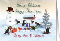 Beagle Puppies Christmas New Year Snowscene Son & Fiancee card