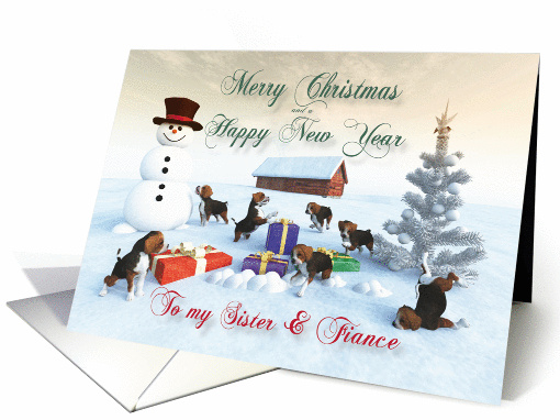 Beagle Puppies Christmas New Year Snowscene Sister & Fiance card