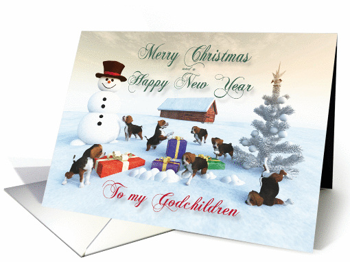 Beagle Puppies Christmas New Year Snowscene Godchildren card (1333176)